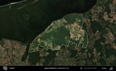 gmina Tolkmicko. Polonya 'nın idari alanı, Eylül 2024' te çekilen Kopernik Nöbetçi karolarından oluşan koyu renkli bir uydu görüntüsü üzerine vurgulandı ve özetlendi