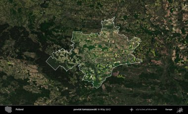 powiat tomaszowski. Polonya 'nın idari alanı, Mayıs 2017' de çekilen Kopernik Nöbetçi karolarından oluşan koyu renkli bir uydu görüntüsü üzerinde vurgulandı ve özetlendi.