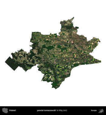 powiat tomaszowski. Polonya idari bölgesi, Mayıs 2017 'de çekilen Kopernik Nöbetçi karolarından oluşan bir uydu görüntüsü üzerinde beyaza izole edildi.