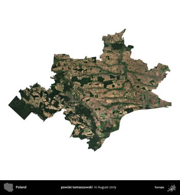 powiat tomaszowski. Polonya idari bölgesi, Ağustos 2019 'da çekilen Kopernik Nöbetçi karolarından oluşan bir uydu görüntüsü üzerinde beyaza izole edildi.