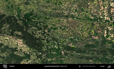 powiat tomaszowski. Copernicus Sentinel 'in Mayıs 2017' de çekilmiş uydu görüntüsü üzerine Polonya 'nın idari bölgesi.