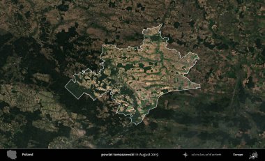powiat tomaszowski. Polonya 'nın idari alanı, Ağustos 2019' da çekilen Kopernik Nöbetçi karolarından oluşan koyu renkli bir uydu görüntüsü üzerine vurgulandı ve özetlendi.