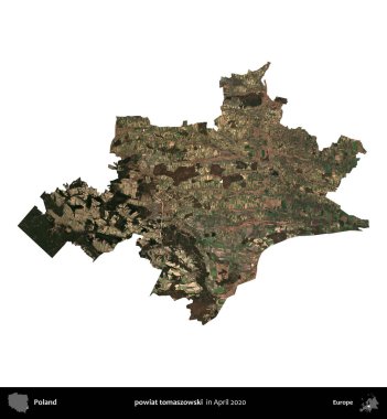 powiat tomaszowski. Polonya idari bölgesi, Nisan 2020 'de çekilen Kopernik Nöbetçi karolarından oluşan bir uydu görüntüsü üzerinde beyaza izole edildi.