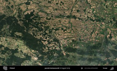 powiat tomaszowski. Copernicus Sentinel 'in Ağustos 2019' da çekilmiş uydu görüntüsü üzerine Polonya 'nın idari bölgesi.