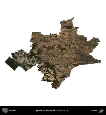 powiat tomaszowski. Polonya idari bölgesi, Mart 2025 'te çekilen Kopernik Nöbetçi karolarından oluşan bir uydu görüntüsü üzerinde beyaza izole edildi.