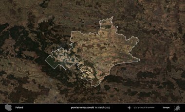 powiat tomaszowski. Polonya 'nın idari alanı, Mart 2025' te çekilen Kopernik Nöbetçi karolarından oluşan koyu renkli bir uydu görüntüsü üzerine vurgulandı ve özetlendi