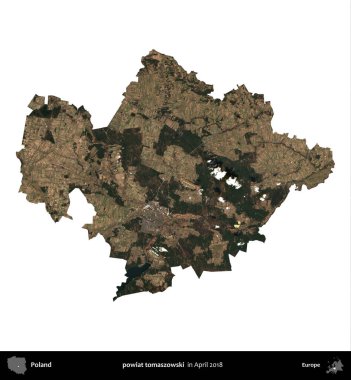 powiat tomaszowski. Polonya idari bölgesi, Nisan 2018 'de çekilen Kopernik Nöbetçi karolarından oluşan bir uydu görüntüsü üzerinde beyaza izole edildi.