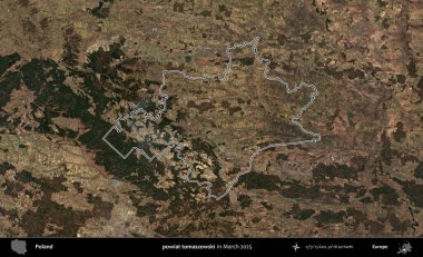powiat tomaszowski. Polonya 'nın idari bölgesinin ana hatları, Mart 2025' te çekilen Kopernik Nöbetçi karolarından oluşan bir uydu görüntüsü üzerine çizildi.
