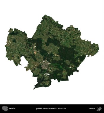 powiat tomaszowski. Polonya idari bölgesi, Haziran 2018 'de çekilen Kopernik Nöbetçi karolarından oluşan bir uydu görüntüsü üzerinde beyaza izole edildi.