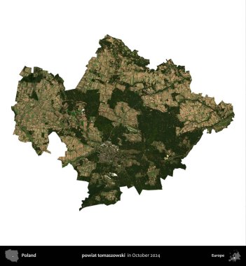powiat tomaszowski. Polonya idari bölgesi, Ekim 2024 'te çekilen Kopernik Nöbetçi karolarından oluşan bir uydu görüntüsü üzerinde beyaza izole edildi.
