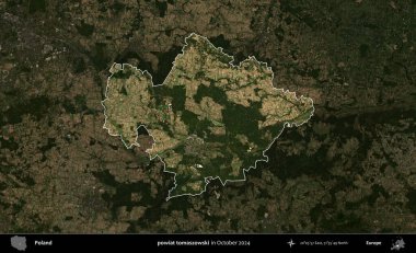 powiat tomaszowski. Polonya 'nın idari alanı, Ekim 2024' te çekilen Kopernik Nöbetçi karolarından oluşan koyu renkli bir uydu görüntüsü üzerine vurgulandı ve özetlendi