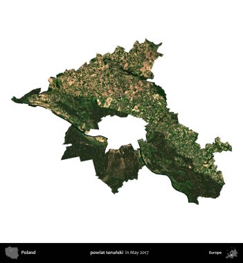 Powiat Torski. Polonya idari bölgesi, Mayıs 2017 'de çekilen Kopernik Nöbetçi karolarından oluşan bir uydu görüntüsü üzerinde beyaza izole edildi.