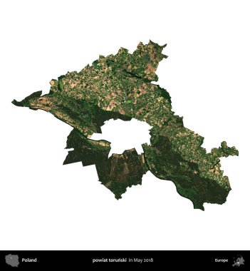 Powiat Torski. Polonya 'nın idari bölgesi, Mayıs 2018' de çekilen Kopernik Nöbetçi Fayanslarından oluşan bir uydu görüntüsü üzerinde beyaza izole edildi.