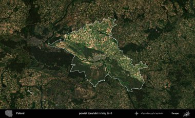 Powiat Torski. Polonya 'nın idari alanı, Mayıs 2018' de çekilen Kopernik Nöbetçi karolarından oluşan koyu renkli bir uydu görüntüsüyle vurgulandı ve özetlendi