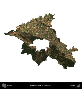 Powiat Torski. Polonya idari bölgesi, Nisan 2020 'de çekilen Kopernik Nöbetçi karolarından oluşan bir uydu görüntüsü üzerinde beyaza izole edildi.