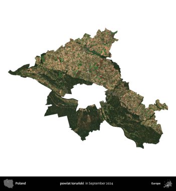 Powiat Torski. Polonya idari bölgesi, Eylül 2024 'te çekilen Kopernik Nöbetçi karolarından oluşan bir uydu görüntüsü üzerinde beyaza izole edildi.