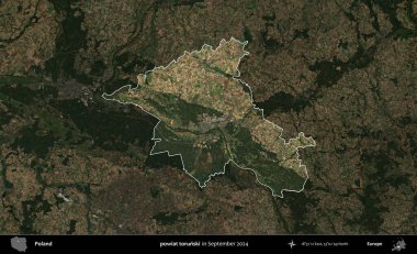 Powiat Torski. Polonya 'nın idari alanı, Eylül 2024' te çekilen Kopernik Nöbetçi karolarından oluşan koyu renkli bir uydu görüntüsü üzerine vurgulandı ve özetlendi