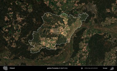 gmina Trzcianka. Polonya 'nın idari alanı, Nisan 2019' da çekilen Kopernik Nöbetçi karolarından oluşan koyu renkli bir uydu görüntüsü üzerine vurgulandı ve özetlendi.