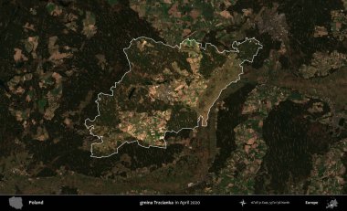 gmina Trzcianka. Polonya 'nın idari alanı, Nisan 2020' de çekilen Kopernik Nöbetçi karolarından oluşan koyu renkli bir uydu görüntüsü üzerine vurgulandı ve özetlendi