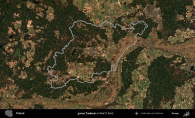 gmina Trzcianka. Polonya 'nın idari bölgesinin ana hatları, Mart 2025' te çekilen Kopernik Nöbetçi karolarından oluşan bir uydu görüntüsü üzerine çizildi.