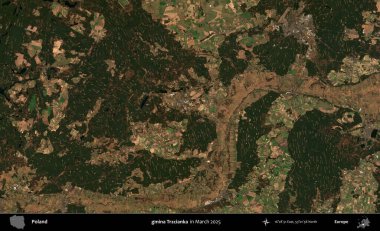 gmina Trzcianka. Copernicus Sentinel 'in Mart 2025' te çekilmiş uydu görüntüsü üzerine Polonya 'nın idari bölgesi