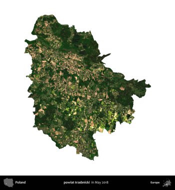 powiat trzebnicki. Polonya 'nın idari bölgesi, Mayıs 2018' de çekilen Kopernik Nöbetçi Fayanslarından oluşan bir uydu görüntüsü üzerinde beyaza izole edildi.