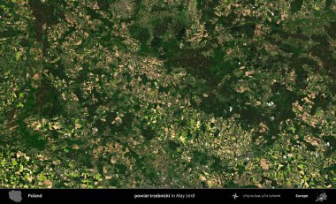 powiat trzebnicki. Copernicus Sentinel 'in Mayıs 2018' de çekilmiş uydu görüntüsü üzerine Polonya 'nın idari bölgesi.