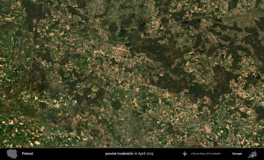 powiat trzebnicki. Nisan 2019 'da çekilen Kopernik Sentinel karolarından oluşan bir uydu görüntüsü üzerine Polonya' nın idari bölgesi