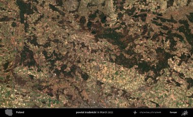 powiat trzebnicki. Copernicus Sentinel 'in Mart 2022' de çekilmiş uydu görüntüsü üzerine Polonya 'nın idari bölgesi.