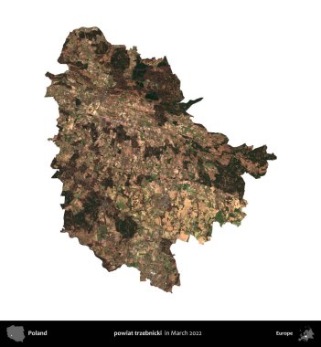 powiat trzebnicki. Polonya idari bölgesi, Mart 2022 'de çekilen Kopernik Nöbetçi karolarından oluşan bir uydu görüntüsü üzerinde beyaza izole edildi.