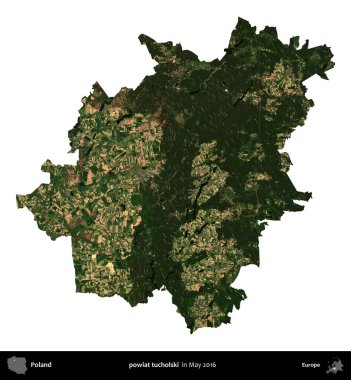 powiat tucholski. Polonya idari bölgesi, Mayıs 2016 'da çekilen Kopernik Nöbetçi karolarından oluşan uydu görüntüsü üzerinde beyaza izole edildi
