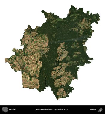 powiat tucholski. Polonya idari bölgesi, Eylül 2017 'de çekilen Kopernik Nöbetçi karolarından oluşan bir uydu görüntüsü üzerinde beyaza izole edildi.
