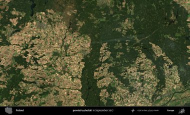 powiat tucholski. Eylül 2017 'de çekilen Kopernik Sentinel karolarından oluşan uydu görüntüsü üzerine Polonya' nın idari bölgesi