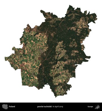 powiat tucholski. Polonya idari bölgesi, Nisan 2019 'da çekilen Kopernik Nöbetçi karolarından oluşan bir uydu görüntüsü üzerinde beyaza izole edildi.
