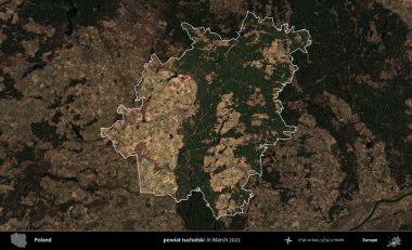 powiat tucholski. Polonya 'nın idari alanı, Mart 2022' de çekilen Kopernik Nöbetçi karolarından oluşan koyu renkli bir uydu görüntüsü üzerine vurgulandı ve özetlendi.