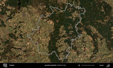 powiat tucholski. Polonya 'nın idari bölgesinin ana hatları, Mart 2025' te çekilen Kopernik Nöbetçi karolarından oluşan bir uydu görüntüsü üzerine çizildi.