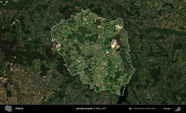 powiat turecki. Polonya 'nın idari alanı, Mayıs 2017' de çekilen Kopernik Nöbetçi karolarından oluşan koyu renkli bir uydu görüntüsü üzerinde vurgulandı ve özetlendi.