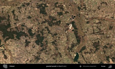 powiat turecki. Copernicus Sentinel 'in Mart 2022' de çekilmiş uydu görüntüsü üzerine Polonya 'nın idari bölgesi.