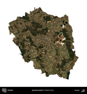 powiat turecki. Polonya idari bölgesi, Mart 2025 'te çekilen Kopernik Nöbetçi karolarından oluşan bir uydu görüntüsü üzerinde beyaza izole edildi.