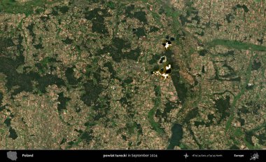 powiat turecki. Eylül 2024 'te çekilen Kopernik Sentinel karolarından oluşan uydu görüntüsü üzerine Polonya' nın idari bölgesi