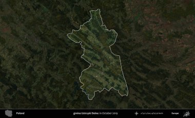 gmina Ustrzyki Dolne. Polonya 'nın idari alanı, Ekim 2019' da çekilen Kopernik Nöbetçi karolarından oluşan koyu renkli bir uydu görüntüsü üzerine vurgulandı ve özetlendi.
