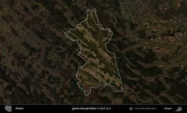 gmina Ustrzyki Dolne. Polonya 'nın idari alanı, Nisan 2020' de çekilen Kopernik Nöbetçi karolarından oluşan koyu renkli bir uydu görüntüsü üzerine vurgulandı ve özetlendi