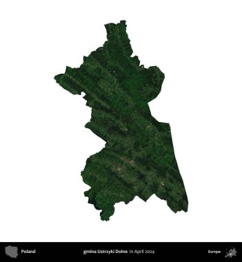 gmina Ustrzyki Dolne. Polonya idari bölgesi, Nisan 2024 'te çekilen Kopernik Nöbetçi karolarından oluşan bir uydu görüntüsü üzerinde beyaza izole edildi.