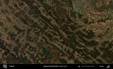 gmina Ustrzyki Dolne. Nisan 2020 'de Copernicus Sentinel karolarından oluşan bir uydu görüntüsü üzerine Polonya' nın idari bölgesi