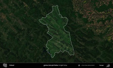 gmina Ustrzyki Dolne. Polonya 'nın idari alanı, Nisan 2024' te çekilen Kopernik Nöbetçi karolarından oluşan koyu renkli bir uydu görüntüsü üzerine vurgulandı ve özetlendi