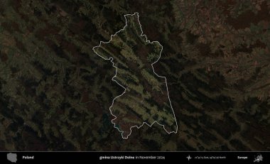 gmina Ustrzyki Dolne. Polonya 'nın idari alanı, Kasım 2024' te çekilen Kopernik Nöbetçi karolarından oluşan koyu renkli bir uydu görüntüsü üzerine vurgulandı ve özetlendi