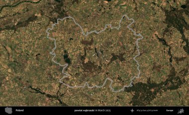 powiat wabrzeski. Polonya 'nın idari bölgesinin ana hatları, Mart 2025' te çekilen Kopernik Nöbetçi karolarından oluşan bir uydu görüntüsü üzerine çizildi.
