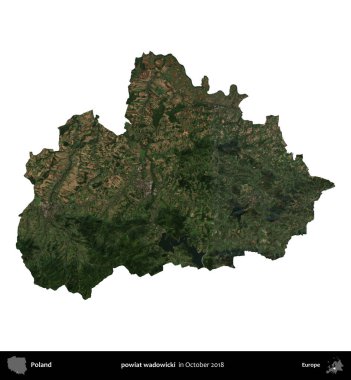 powiat wadowicki. Polonya idari bölgesi, Ekim 2018 'de çekilen Kopernik Nöbetçi karolarından oluşan bir uydu görüntüsü üzerinde beyaza izole edildi.