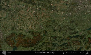 powiat wadowicki. Polonya 'nın idari bölgesi Kopernik Sentinel' in Ekim 2019 'da çekilmiş uydu görüntüsü üzerine kurulmuştur.