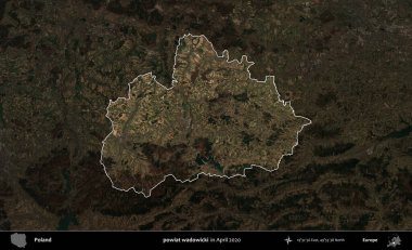 powiat wadowicki. Polonya 'nın idari alanı, Nisan 2020' de çekilen Kopernik Nöbetçi karolarından oluşan koyu renkli bir uydu görüntüsü üzerine vurgulandı ve özetlendi